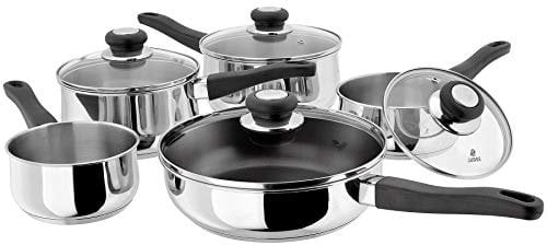 Judge Vista 5-Piece Set of Stainless Steel Pans, 16cm, 18cm & 20cm Saucepans with Lids, 14cm Milk Pan, 24cm Non-Stick Sauté Pan