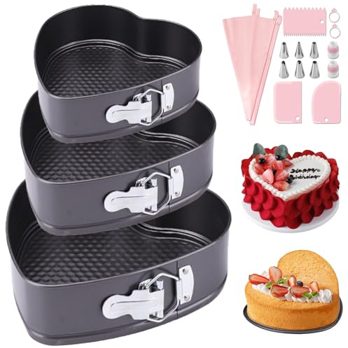 HQILRRA Moule Gâteau Coeur Charnière - Revêtement Antiadhésif Base Souple pour Anniversaires, Mariages - 3 Tailles (20/22/24cm)