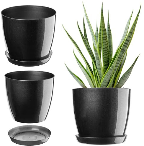 KADAX Élégant Pot de Fleurs, Pot à Plantes avec Soucoupe, Pot de Fleurs Rond, Pot de Fleurs en Plastique, Cache-Pot pour Fleurs, Pot de Fleurs Interieur Ø 16 cm Anthracite