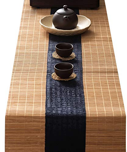 MMQGQ Bambus Tischläufer Mit Dunkelblauem Baumwolltuch Dekor, Japanische Stil rutschfeste Tischsets Für Teehouse Hotel Esstisch, Wischen Sie Sauber(Size:30×210cm)