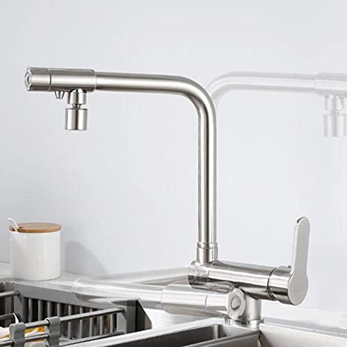Rubinetto Cucina Pieghevole Sottofinestra Miscelatore Cucina 3 Vie Ottone Girevole a 360° Acqua Calda e Fredda Acqua Pura Rubinetto Cucina per Depuratore-Spazzolato-B