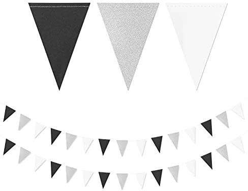 Schwarz-weiß-silberne Wimpelbanner, 2 Stück, Glitzerstreusel, Papier-Dreieck-Flaggen, Geburtstag, Abschluss, 2021, Vatertag, Hochzeit, Babyparty, Party, Dekoration, Wimpelkette