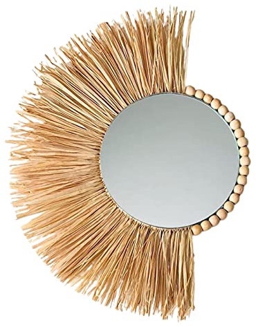 Washranp Miroir à suspendre demi-cercle de paille vintage rétro en bois de saule acrylique perles pour chambre à coucher ornement 1