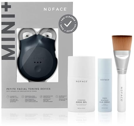 NuFACE MINI+ Microcurrent Facial Device Kit - FDA Cleared Face Sculpting & Skin Tightening Device to Contour, Lift & Tone + Microcurrent Gel Activator & Silk Creme - Midnight Black