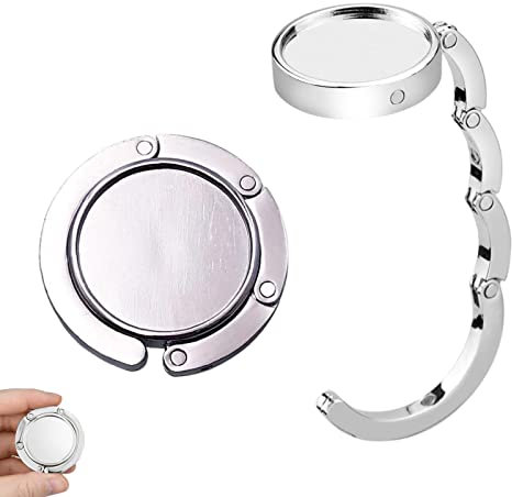 HBYMYDA 2 Pcs Handbag Hooks for Tables Foldable Round Purse Hook Folding Bag Hanger for Table Desk Restaurant Bar and Office, Silver