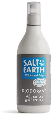 Natural Deodorant Roll On Refill by Salt of the Earth, Vetiver & Citrus - Vegan, Long Lasting Protection, Leaping Bunny Approved, Made in the UK - 525ml