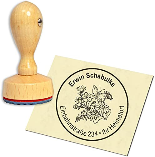 Stempel Adressstempel Holzstempel - Blumen mit Schmetterlingen - rund ∅ 40mm personalisiert als Firmenstempel Namensstempel Bürostempel