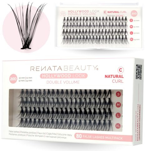 Renata Beauty 20D DOUBLE Volume [C Curl] Extension Ciglia Finte – Confezione da 80 Ciglia Finte Ciuffetti 10-14mm – Kit Ciglia Finte Naturali Fai Da Te – Banda Trasparente, Tecnologia a Incrocio