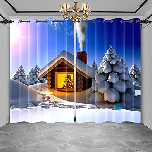 SDOTPMT 117x229cm, 2 Paneles Invierno Nevado Paisaje Cortina de Ventana Blanco Ventisquero Árbol de Navidad Azul Cielo Granja Chimenea Cortinas para Ventanas para Salón Dormitorio Cortinas Opacas