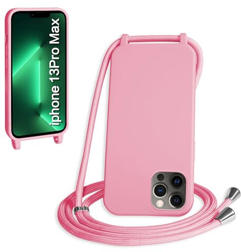 WenBaby Funda con Cuerda para iPhone 13 Pro MAX, Líquida Silicona Carcasa con Cordón Ajustable Collar Correa de Cuello, Cubierta Prueba Golpes con Microfibra Forro (Rosa)