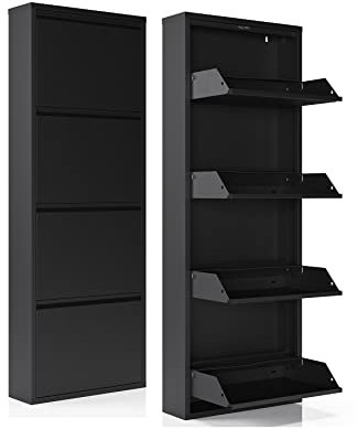 FS Fest&Söhne Schuhregal Metall Schuhschrank Schuhkipper mit Klappen und Wandmontage (4X Klappen, Schwarz)
