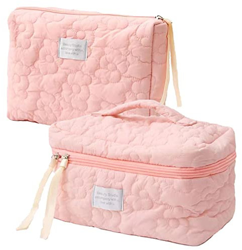 HIQUAY Große Kapazität, weiche Make-up-Tasche, weiche Reise-Kosmetiktasche, Make-up-Tasche für Teenager, Frauen und Mädchen, 2 Stück, Rosa, Niedlich, schick