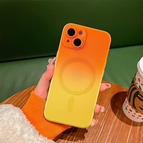 UEEBAI Magnetic Case for iPhone 13 6.1 inch, Bi-color Case Compatible with MagSafe Charger Silicone Cover with Camera Lens Protector Soft Silicon Phone Case - Orange Yellow