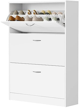 fevarbord Shoe Cabinet Wooden Shoe Storage Cupboard 3 Flip Doors Footwear Organizer Hallway Shoe Rack White 80x23.5x110cm