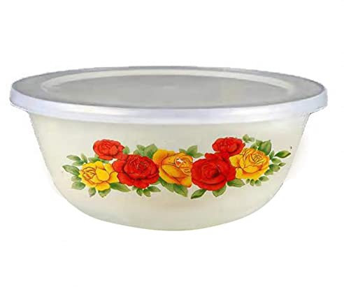 Tazón de esmalte con tapa, ensaladera tazón de esmalte vintage con tapa de ensaladillas de estilo chino nostálgico para tazones de cena con patrón de flores de 6.3 pulgadas de rosa