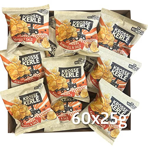 Krosse Kerle Chips | HeiMart | Mini - kleine Tüten | Karamell & Salz | 60er Box | regional | glutenfrei | vegetarisch | 60 x 25g