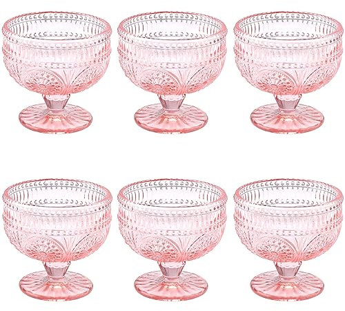 Vintage Glas Dessertschalen Set von 6 - 12 oz rosa geprägten Glas Eisschalen für Salat, Süßigkeiten, Kuchen, Obst, Trifle, Cocktail
