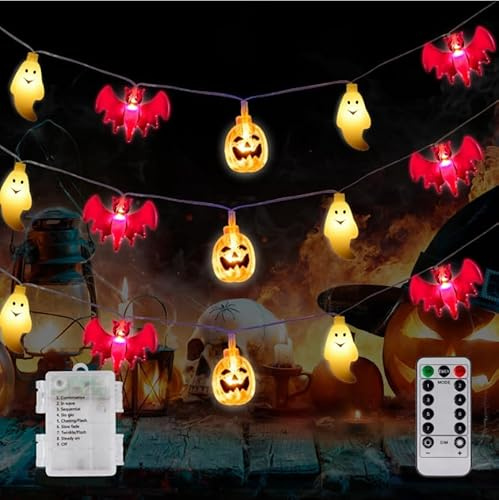 Fohil Halloween Lichterkette 30LED 4.5M Halloween Kürbis Licht Schläger Geister Dekoration Wasserdicht 8 Modi, Batteriebetrieben,Schrecklich Halloween-Lichter Beleuchtung für Draußen Innere Dekor