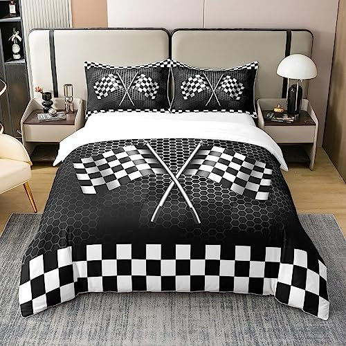 richhome 135x200 Bettbezug Schwarz Weiß Karierte Flagge 100% Reine Baumwolle Bettwäsche Set Rennwagen Extreme Sport Bettwäsche Set Geometrie Quadratische Honigwaben Komfortbezug