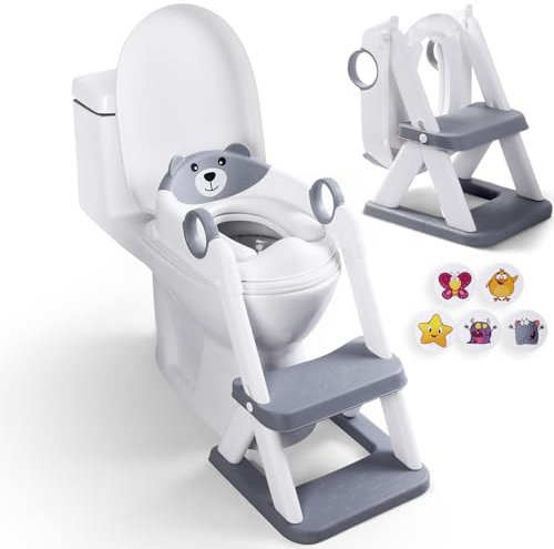EzyWay Potty Training Seat with Training Stickers, Upgraded Toddler Toilet Seat for Kids Boys & Girls, 2 in 1 Potty Training Toilet for Kids with Splash Guard Anti-Slip Pad Step Stool (Grey)