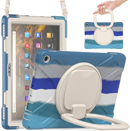 Funda para tablet Amazon Fire HD 10 (2021) de 10.1 pulgadas, 3 en 1, resistente silicona doble + marco de plástico duro con correa para el hombro y soporte redondo - E