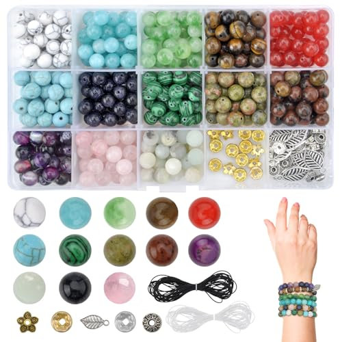 Perlen für Armbänder, Perlen zum Auffädeln 15 Raster Edelstein Perlen Set, Schmucksteine zum Basteln Edelsteine zum Auffädeln, Edelsteinperlen 8mm Schmuckperlen zum Basteln, Edelsteine Set