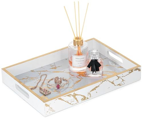 Hanobe Tablett Serviertablett Deko Holztablett: Marmor Rechteckig Modern Weiß Holz Tablett mit Henkel - Dekorative Serviertabletts mit Griffen für Ottoman Bar Home Decor Couchtisch