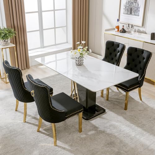 Lot de 4 chaises modernes en velours avec accoudoirs - Pour salle à manger, cuisine, salon - Pieds de support en acier inoxydable doré - Noir/doré