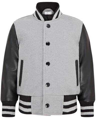 Kids Grey Wool Varsity Bomber Jacket with Real Leather Sleeves