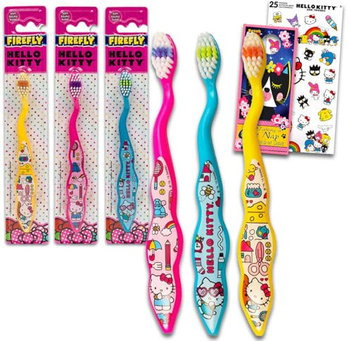 Hello Kitty Zahnbürsten-Set für Kinder – Bündel mit 3 Hello Kitty Zahnbürsten, Aufklebern und mehr für Mädchen, Kleinkinder | Hello Kitty Zahnbürsten-Set