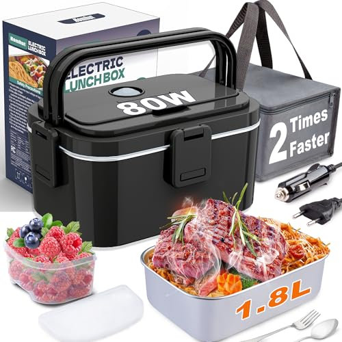 Homhut Gamelle Chauffante 80W Lunch Box Chauffante électrique 12V/24V/230V Boîte à Lunch Chauffante 1,8l Boite Repas Enfant/Adulte Pour Bureau, école, Voyage,Voiture(1.8L-Noir)