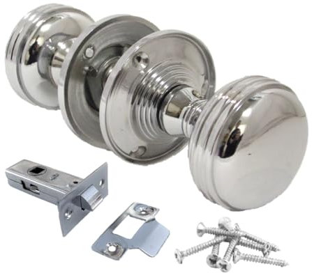 Chrome Polished Round Door Knob Set with Tubular Latch – Heavy Reeded Style Sprung Door Knobs for Internal & External Doors. (1 Pair of Handles + Tubular Latch)