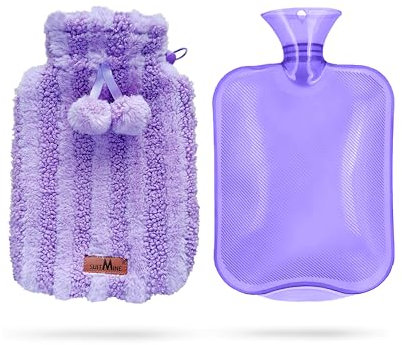 suitmine Hot Water Bottle PVC 2L Leak-Proof with Removable Soft Furry Cover for Pain Relief Hot and Cold Therapy,Hands Feet Abdomen and Neck Warmer,Cord Lock,Purple