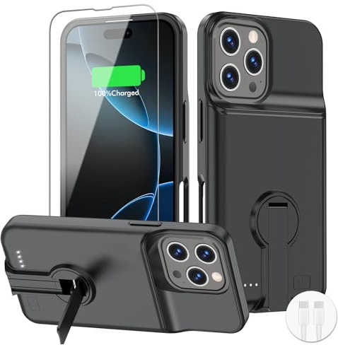 BOPPS Battery Case for iPhone 16 Pro with Stand，Slim Powerful 8500mAh Portable Rechargeable Protective Extended Charger Cover for iPhone 16 Pro Charging Case,Black