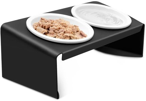 Vikcvcsc Gamelle Chat Surélevée, Gamelle pour Chien avec Support en Métal Antidérapant Incliné à 15°, 2X Bols Chat Ceramique de Nourriture