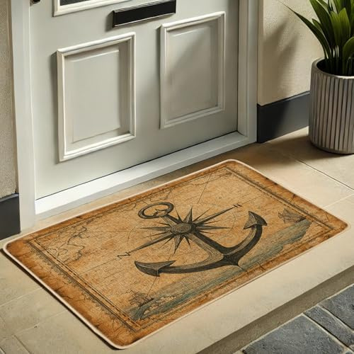 Nautical Anchor Doormat, Vintage Compass Door Mat for Outdoor & Indoor Entryway Coastal Decor, Rubber Waterproof Non-Slip Dust Absorbent Entrance Mat, Easy Clean 29x17 Inch