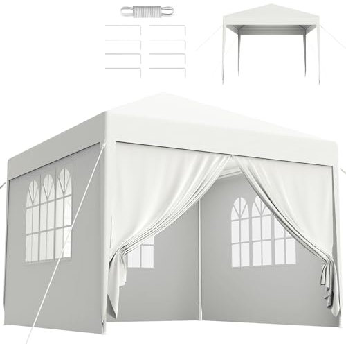 SUBTLETY Gartenlauben Sonnenschutz Gartenpavillon mit Abnehmbarem Seitenwände Faltpavillon aus Stahlrahmen Polyethylen Bierzelt 9㎡ Partyzelt Tragbare Pavillons für Garten Strand (Weiß, 3x3m)