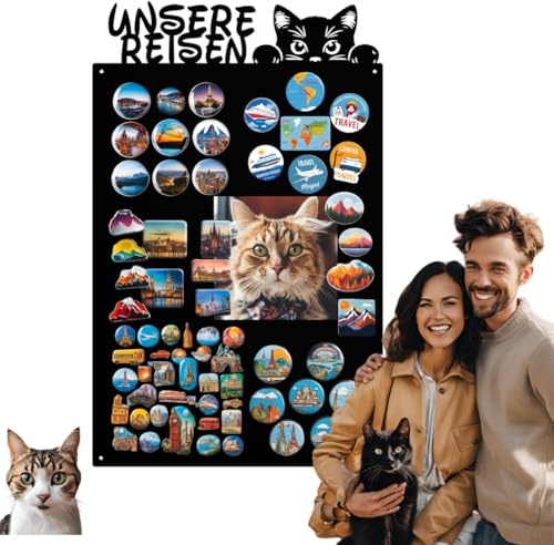 Anwicar Magnettafel - Magnetische Pinnwand mit Katzenmotiv - ideal für Magnete und Notizen - magnetisches Whiteboard - beschreibbare Tafel - inkl. Montageset - Schwarz - 50x31 cm