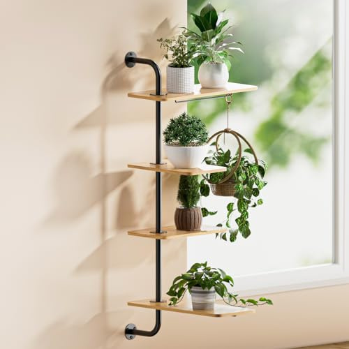 YUOROS Window Shelf for Plants, 4-Tier Rotating Window Sill Plant Shelves Stand Plant Wall Holder with Hanger