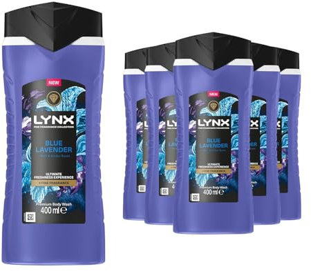 Lynx Fine Fragrance Collection Body Wash for Men Blue Lavender, Pack of 6, Premium Shower Gel Infused with Essential Oils That Gives You 12 Hours of Freshness, 400 ml
