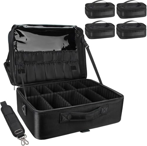 Twofold Extra Large Makeup Bag with 4 Small Bags, Professional Makeup Artist Organiser Large Portable Nail Makeup Case with Adjustable Dividers and Shoulder Strap - Black