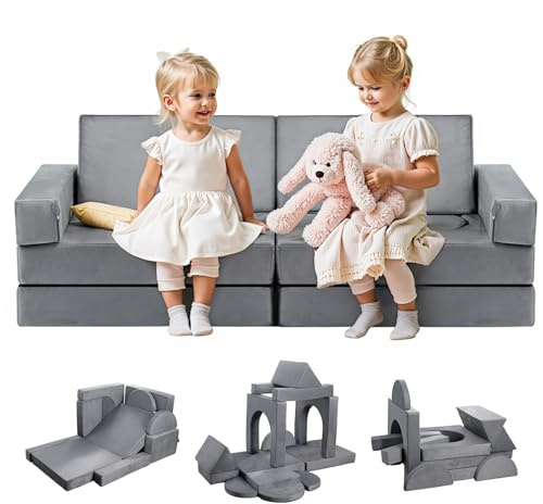VEVOR Divano Modulare per Bambini, Sedia Componibile Trasformabile con Braccioli, Spugna 28D e Pelo Corto, Combinazione Creativa per Sala Giochi, Camera da Letto, Soggiorno, Grigio, 14 Pezzi