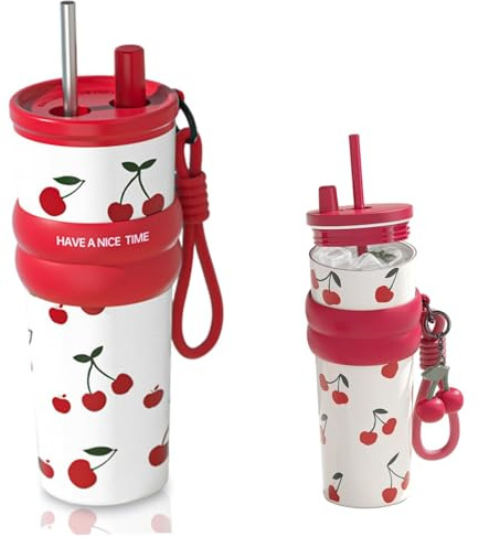 Tumbler Cherry 24oz Bottiglia di acqua ciliegia isolata 316 bicchieri in acciaio inossidabile con paglia e coperchio di tazza da bere per donne e ragazze con paglia