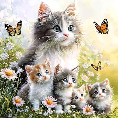 MAXBYE 5D Diamond Painting Kits pour Adulte, Diamond Art Famille de Chats Peinture Diamant Complet Set Débutant, Papillon Gemme Point de Croix Artisanat Cristal Mur Maison Decor Cadeaux 30x30 cm