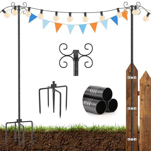 StarryEver Schäferhaken Garten Stangen mit 4-Haken, 2 Stück 3m Höhenverstellbar Heavy Duty Metall Gartenstecker mit Hammerfinish-Oberfläche,Laternenhalter für Laternen Solarleuchten Lichterkette