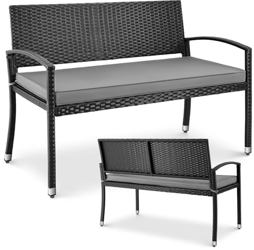 LIFERUN Gartenbank Wetterfest mit Sitzkissen, 2 Sitzer Polyrattan Sitzbank, 320kg Belastbar, Gemütliche Gartenmöbel Bank Outdoor, 122x60x90cm, Balkonbank für Kleinen Balkon, Garten, Terrasse, Schwarz