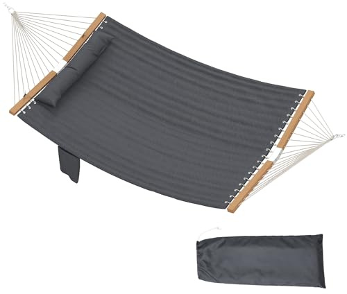 Outsunny Double Hammock 2-Person with Pillow and Pad, Extra Large 200 x 140 cm, Load Capacity 200 kg, Swing Bed for Patio Porch Garden Lounging Outdoor and Indoor Grey