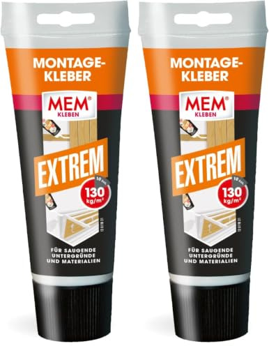MEM Montage-Kleber Extrem, Pastöser Dispersionsklebstoff, Hohe Anfangshaftung und Endfestigkeit, Für verschiedene Untergründe, Lösemittelfrei, 250 g Tube, Weiß (Packung mit 2)