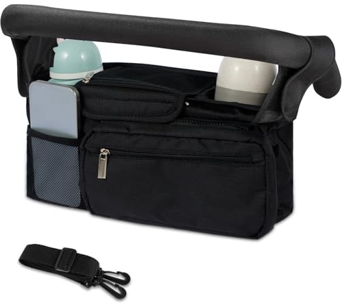 Baby Stroller Organizer Pram Bag Organiser with 2 Cup Holder Pushchair Organiser Pram Accessories Baby Essentials Waterproof Stroller Caddy Bag with Detachable Pocket Adjustable Shoulder Strap(Black)