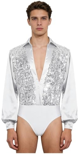 dPois Uomo Camicia Body da Ballo Latino Americano Tango Maniche Lunghe Balletto Leotards con Paillettes Body Ginnastica Ritmica Danza Classica Moderna Dancewear